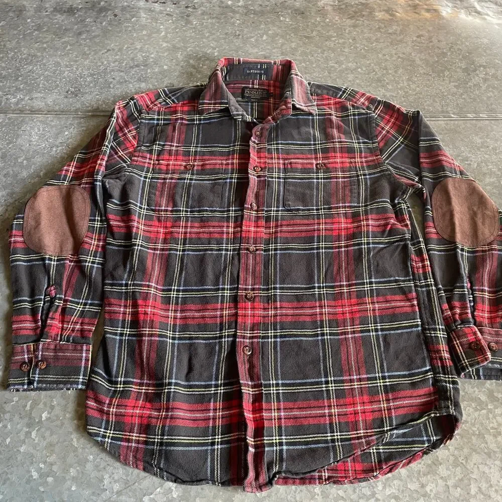 Pendleton Hawthorne Flannel Shirt Elbow Patch Mens Medium Button Up Cotton Red